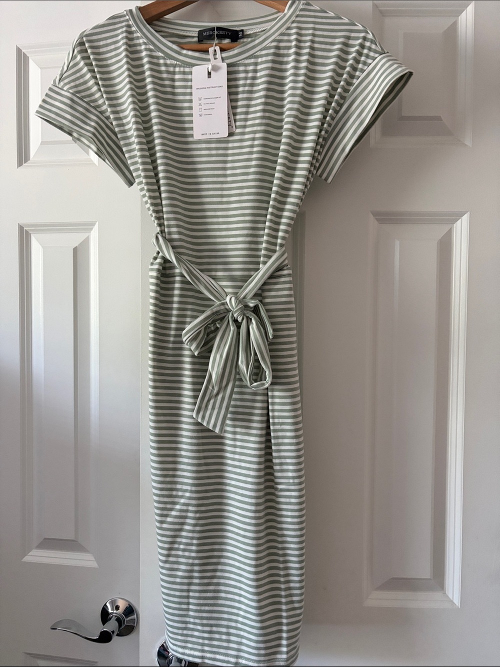 Striped Short Sleeve Shift Dress in Sage and White